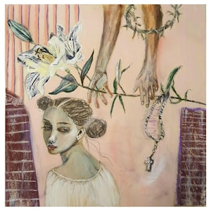 Peut inclure: Peinture à l'huile représentant une femme avec deux chignons, regardant par-dessus son épaule. Des lis blancs et des feuilles vertes sont au premier plan. Une paire de mains tendues d'en haut, tenant une branche. Un chapelet est suspendu à la branche.