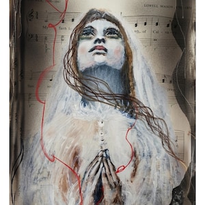 Peut inclure: Peinture artistique d'une femme regardant vers le haut, les mains jointes en prière. L'œuvre est placée sur une partition musicale et contient le texte "MY FAITH LOOKS UP TO THEE". La palette de couleurs comprend du blanc, du marron et du rouge.