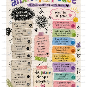 Peut inclure: Une affiche graphique colorée opposant "anxiété" et "paix", avec des citations inspirantes et des versets bibliques. La conception comprend du texte manuscrit, des gribouillis et des notes autocollantes aux couleurs pastel, promouvant un message de foi et d'espoir.