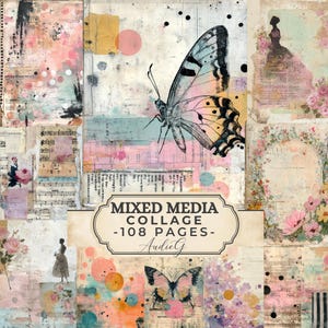 May include: A mixed media collage collection featuring 108 pages with vintage-inspired elements, including butterflies, floral motifs, musical notation, and silhouettes of figures, all layered with soft pink, blue, and neutral watercolor textures.