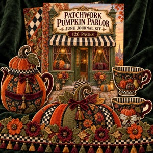 Puede incluir: Un kit de diario creativo Patchwork Pumpkin Parlor de 126 páginas, acompañado de recortes con forma de tetera de calabaza, una calabaza grande y dos tazas, todo decorado con patrones florales de otoño y borlas.