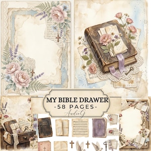 May include: A digital collage featuring a vintage aesthetic with floral and religious elements. The image includes a decorative Bible, crosses, keys, and floral arrangements. The text "MY BIBLE DRAWER -58 PAGES-" is displayed prominently.
