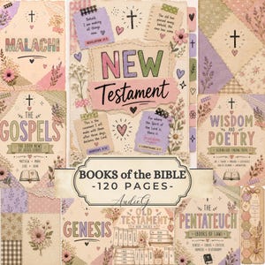 May include: A decorative Bible journal with a patchwork design. The cover features the words "New Testament" and "Books of the Bible - 120 Pages." The journal includes floral and cross motifs, with text from the Bible. The colour palette includes pastel pinks, greens, and purples.