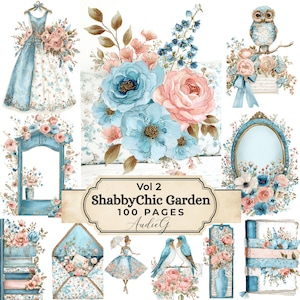 Peut inclure: Ensemble d'illustrations à l'aquarelle sur le thème Shabby Chic Garden. Les images présentent des compositions florales bleues et roses, une robe, un hibou, une enveloppe et un miroir. Le texte sur l'image indique "Vol 2 Shabby Chic Garden 100 Pages AudieG."