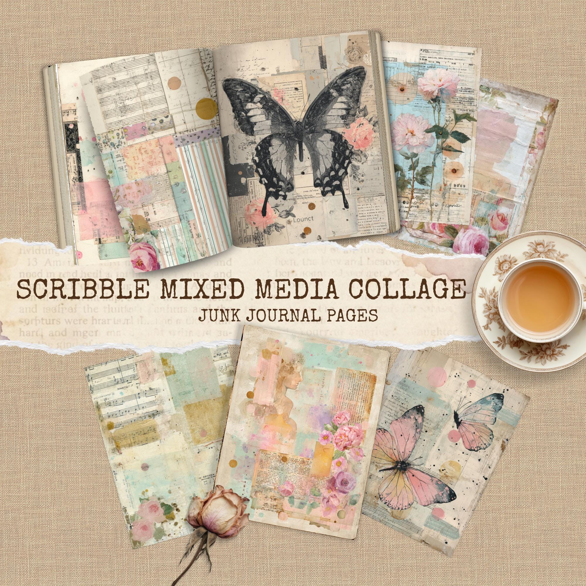 Pastel Mixed Media Collage Pages, Scribble Journal Papers, Dots ...
