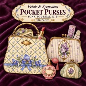May include: A Petals & Keepsakes Pocket Purses junk journal kit with 106 pages. The image displays three illustrated purses featuring floral patterns, a comb, a lipstick, a perfume bottle, and two bookmarks, all decorated with purple and blue flowers.