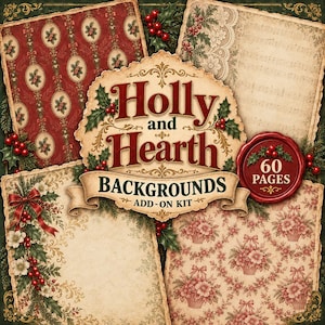 May include: A digital paper collection titled Holly and Hearth Backgrounds Add-on Kit, featuring 60 pages with vintage-style patterns including red holly berries, green leaves, floral baskets, and musical notation on aged, textured paper backgrounds.