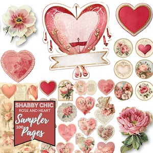 Peut inclure: Une collection d'éléments de scrapbooking de style vintage avec des cœurs et des roses dans des tons de rose, de rouge et de crème. L'image comprend des découpes de papier, des autocollants et des illustrations florales, avec le texte "Shabby Chic Rose and Heart Sampler 100 Pages".