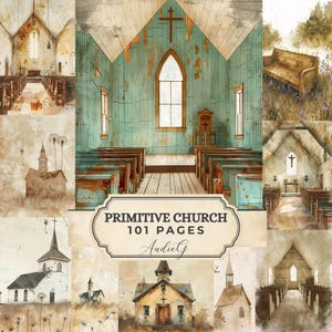 Peut inclure: Un collage d'illustrations à l'aquarelle représentant divers intérieurs et extérieurs d'églises rustiques. L'image centrale présente un intérieur d'église de couleur turquoise avec des bancs en bois et une croix. Le texte "PRIMITIVE CHURCH 101 PAGES AudieG" est affiché sur une bannière.
