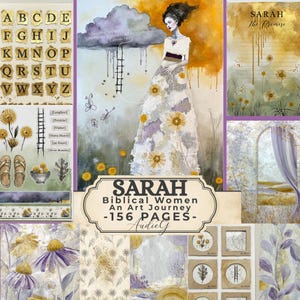 Può includere: Un art journal intitolato "SARAH Biblical Women An Art Journey -156 PAGES-". L'opera presenta una donna in un abito floreale, una nuvola con una scala e vari elementi floreali e decorativi nei toni del giallo, viola e oro.