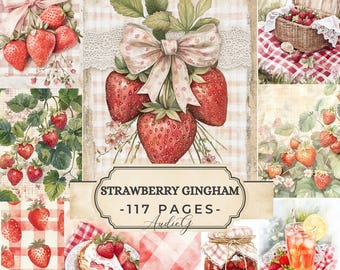 STRAWBERRY PICNIC Journal Kit | Strawberry Gingham Junk Journal Kit Vintage Ephemera Printable Papers Tea Stained Pages