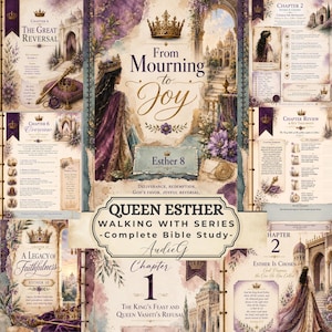 May include: A digital Bible study guide titled From Mourning to Joy featuring Queen Esther, with ornate illustrations of crowns, palaces, and purple floral accents. The layout includes chapter summaries, key takeaways, and text about Esther 8.