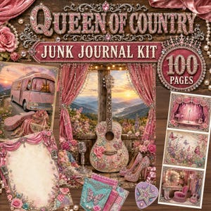 May include: A Queen of Country junk journal kit featuring 100 pages with pink floral and musical themes. The set includes images of a pink bus, a guitar, high heels, microphones, and decorative paper sheets with ornate frames and butterfly accents.