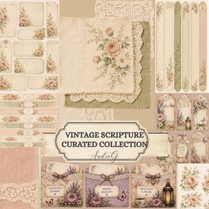 Peut inclure: Collection d'éphémères vintage sur le thème des écritures. L'image présente divers éléments en papier, notamment des étiquettes, des étiquettes et des papiers décoratifs, ornés de motifs floraux et de dentelle. Le texte "VINTAGE SCRIPTURE CURATED COLLECTION" est affiché.