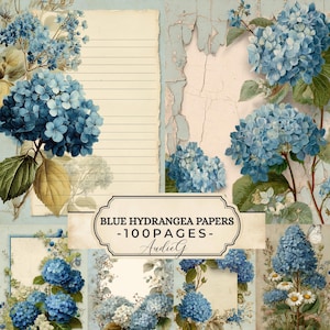 May include: A collection of decorative papers featuring blue hydrangea floral illustrations, lined writing sections, and distressed textures. The central label displays the text BLUE HYDRANGEA PAPERS - 100 PAGES - AudieG in a vintage style.