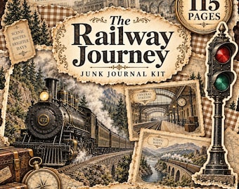May include: A junk journal kit titled The Railway Journey featuring a vintage steam locomotive, a train station interior, a scenic route, a compass, and a traffic signal. The kit includes 115 pages of papers, panels, and cutouts with a brown color palette.