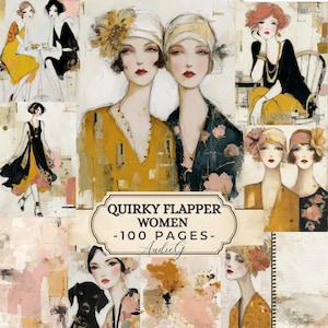 May include: An artistic collage featuring illustrations of women in the flapper style. The artwork showcases women in various poses, wearing dresses and headbands. The color palette includes mustard yellow, black, and pink. The text "Quirky Flapper Women -100 Pages- Audie G" is visible.