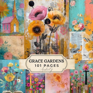 Peut inclure: Un collage d'art avec des thèmes floraux et religieux. Il présente une église, des coquelicots et une croix, avec le texte "GRACE GARDENS 101 PAGES" dans une bannière. La palette de couleurs comprend le turquoise, le rose, le jaune et l'orange.