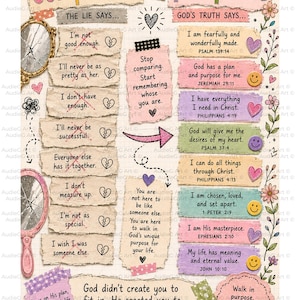 May include: A colorful inspirational art print with the words "Comparison vs Purpose." The design includes handwritten text, hearts, flowers, and mirrors. The print features positive affirmations and Bible verses, encouraging self-love and faith.
