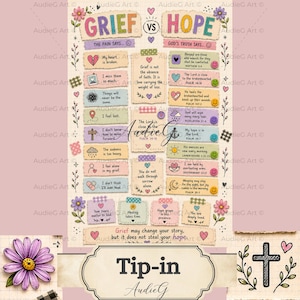 May include: A colorful educational chart titled Grief vs Hope featuring pastel paper scraps with text, religious verses, and small illustrations like hearts, flowers, and clouds. The design includes a central section with encouraging messages and a bottom banner.