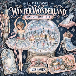以下が含まれることがあります： Frosty Pastel Winter Wonderlandジャンクジャーナルキット。中央のスノードーム、雪の結晶のドレスを着たバレリーナ、くるみ割り人形、騎士のネズミ、ガラスの靴、ギフトタグ、木馬のイラストが描かれています。