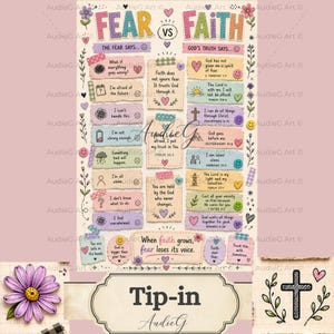 Op de afbeelding: Een kleurrijke educatieve poster getiteld Fear vs Faith met twee kolommen tekst op gescheurde papierstroken. De linkerkant somt angstgebaseerde gedachten op, terwijl de rechterkant bijbelverzen biedt. Decoratieve bloemen, hartjes en smileys omringen de tekst.