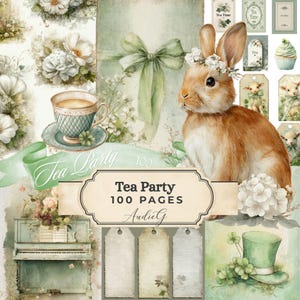 SPRING Tea Party Journal Pages, Vintage Ephemera Collage, Tags, Bookmarks (Digital Download)