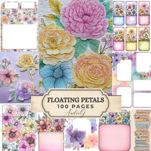 May include: A collection of digital art featuring floral designs. The image includes large, textured flower illustrations in shades of pink, yellow, and blue, alongside smaller floral elements and decorative frames. Text reads "FLOATING PETALS 100 PAGES".