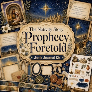 Peut inclure: Un kit de journal créatif sur le thème de la Nativité, Prophecy Foretold, avec des images religieuses, une étoile, un âne et des textes bibliques. Le kit comprend du papier décoratif, des autocollants, des cadres et des motifs de sceaux en cire.