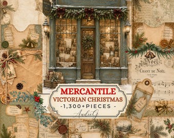 May include: A digital collage kit titled MERCANTILE VICTORIAN CHRISTMAS -1,300+PIECES- by AudieG, featuring a central blue storefront with holiday greenery, surrounded by vintage-style paper ephemera, sheet music, pinecones, and gift tags.