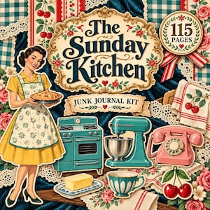 May include: A junk journal kit titled The Sunday Kitchen featuring a woman in a yellow dress and apron holding a pie, a teal stove, a teal stand mixer, a pink rotary phone, a butter stick, a teacup, and cherries on a blue fabric background.