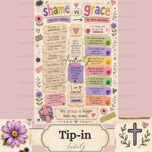 Op de afbeelding: Een religieuze wandkunstprint getiteld Shame vs Grace met twee kolommen tekst. De linkerkant bevat negatieve gedachten met droevige gezichten, terwijl de rechterkant positieve bijbelse affirmaties toont met lachende gezichten en bloemmotieven.