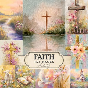 Peut inclure: Une collection d'illustrations à l'aquarelle sur le thème religieux. Les images incluent des croix, des fleurs, un agneau, une colombe et une église. L'image centrale présente une croix se reflétant dans l'eau. Le texte "FAITH" et "144 PAGES" sont affichés.