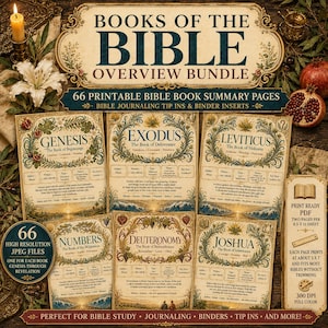 May include: A digital bundle of 66 printable Bible book summary pages featuring ornate botanical borders and vintage-style typography. The collection includes individual sheets for Genesis, Exodus, Leviticus, Numbers, Deuteronomy, and Joshua, formatted as 8.5 by 11 inch PDF files.