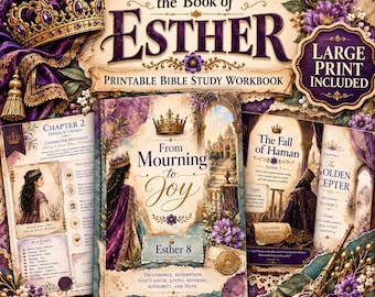 May include: A printable Bible study workbook titled Walking Through the Book of Esther, featuring purple and gold accents, a crown illustration, and floral motifs. The cover displays the text From Mourning to Joy and Esther 8, with additional pages showing Chapter 2, The Fall of Haman, and The Golden Scepter.