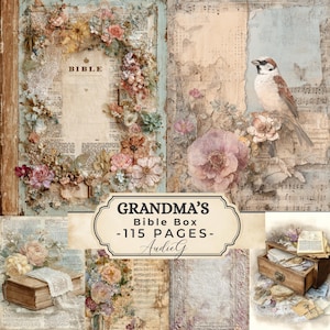 May include: A vintage-style Bible box with floral embellishments and the word "BIBLE" on the cover. The image features a bird, flowers, and the text "GRANDMA'S Bible Box - 115 PAGES - AudieG". The design has a distressed, antique aesthetic.