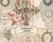 FUSSYCUT FAITH Junk Journal Kit | Christian Ephemera Bundle | Vintage Cross Floral Paper Pack | Scripture Cards Tags (Digital Download)
