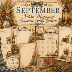 Puede incluir: Un conjunto de diario de estudio bíblico Verse Mapping de septiembre con páginas de estilo vintage decoradas con ilustraciones florales de otoño, linternas y calabazas. Las páginas incluyen secciones para observaciones, contexto, palabras clave y oración.