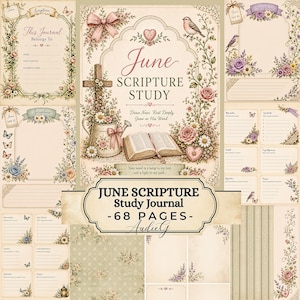 Puede incluir: Un conjunto de páginas de diario de estilo vintage con ilustraciones florales y de mariposas. El diseño central presenta una cruz, una regadera, un libro abierto y el texto "June Scripture Study". Páginas adicionales incluyen áreas para notas y reflexiones.