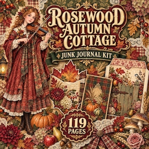 May include: A junk journal kit titled Rosewood Autumn Cottage featuring 119 pages. The design includes a person playing a violin, pumpkins, autumn leaves, flowers, and a wooden gate, all set against a rich, warm-toned, decorative background.