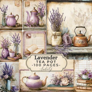 Könnte beinhalten: Eine Sammlung von Illustrationen im Vintage-Stil mit Lavendelzweigen, violetten Teekannen, Kupferkesseln und offenen Büchern auf linierten Hintergründen. Das zentrale Etikett trägt die Aufschrift Lavender TEA POT -100 PAGES- AudieG.