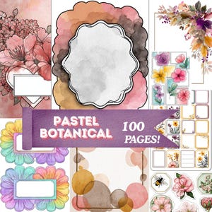 Peut inclure: Divers motifs botaniques pastel avec des illustrations florales, des cadres et des étiquettes. L'image comprend une bannière avec le texte "PASTEL BOTANICAL 100 PAGES !" en blanc et rose sur fond violet. Les motifs sont à l'aquarelle.