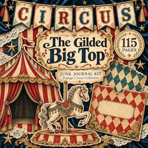 Puede incluir: Un kit de diario creativo titulado The Gilded Big Top con una carpa de circo, un caballo de carrusel y pancartas decorativas. El diseño incluye patrones en rojo, blanco y azul, detalles dorados y una insignia circular de 115 páginas.