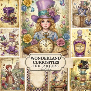 Peut inclure: Un collage d'illustrations sur le thème d'Alice au pays des merveilles. Comprend une fille avec un chapeau violet, une montre de poche, un chat du Cheshire, des tasses à thé et le texte "Wonderland Curiosities - 100 Pages."