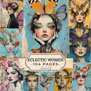 Eclectic Women Digital Art Bundle | Bold Mixed Media Art | Whimsical Girl Portrait | Junk Journal Kit | Instant Download