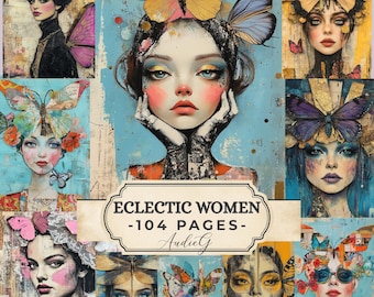Eclectic Women Digital Art Bundle | Bold Mixed Media Art | Whimsical Girl Portrait | Junk Journal Kit | Instant Download