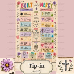 Peut inclure: Un tableau éducatif coloré intitulé Guilt vs Mercy sur un fond quadrillé. Il présente deux colonnes de zones de texte avec des polices manuscrites, des illustrations florales et des versets religieux. Le design inclut des papiers pastel et des fleurs.