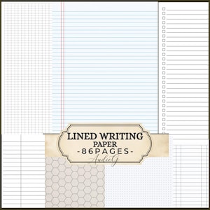 Puede incluir: Una colección de plantillas de papel de escritura digital con patrones de cuadrícula, líneas, listas de verificación y hexágonos. Una etiqueta beige central muestra el texto LINED WRITING PAPER - 86 PAGES - AudieG en fuente oscura.