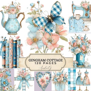 GINGHAM COTTAGE | Junk Journaling Bundle Kit | Vintage Ephemera Collage Sheets | Fussy Cuts (Digital Download)