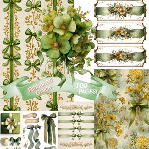 Peut inclure: Illustration numérique à l'aquarelle avec des rubans, des nœuds et des éléments floraux verts. L'image comprend un bouquet de fleurs vertes, des bannières décoratives et des fonds à motifs. Le texte sur une bannière indique "Ribboned Grace" et "100 PAGES!"